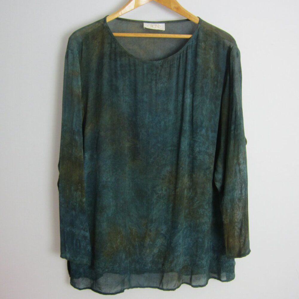 Vtg Cache Womens S Teal Green Brown Tone on Tone Rayon Burnout LS Shirt Top